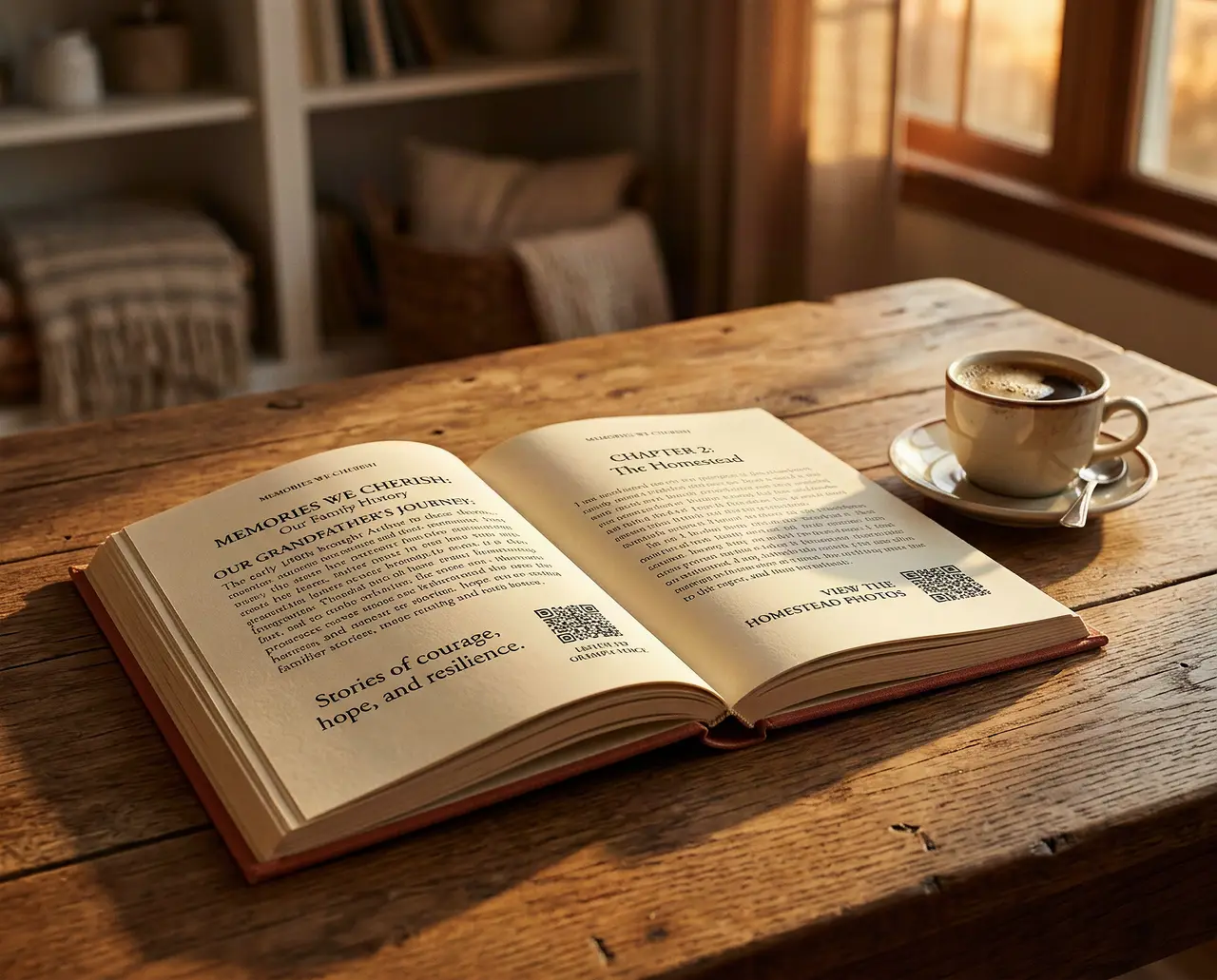 A printed hardcover book of family stories open on an oak table in late sun, voice QR codes in the margins.