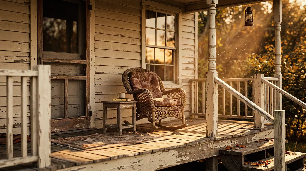 Late afternoon sun across a weathered porch railing and an empty wicker rocking chair.