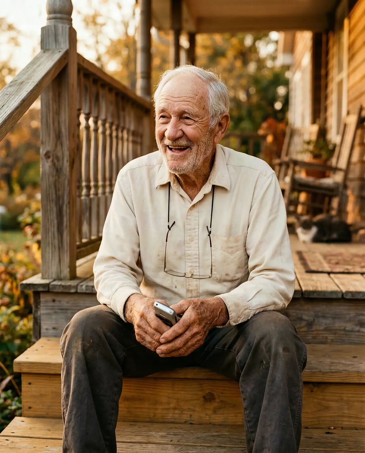 An older man on a porch step in golden light, phone in hand, mid-story.
