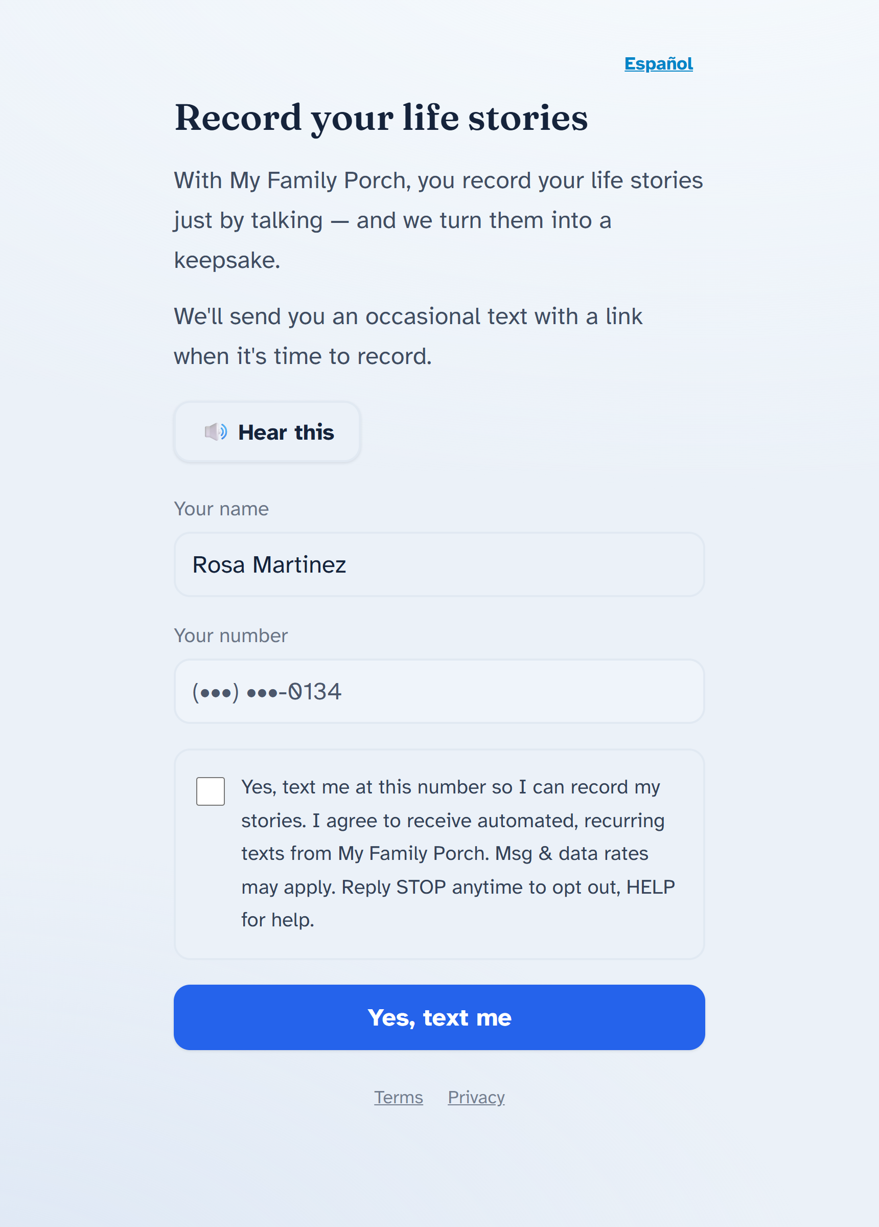 The storyteller's own authorization page: their name and masked number, and a checked box reading βYes, text me at this number so I can record my stories. I agree to receive automated, recurring texts from My Family Porch. Msg & data rates may apply. Reply STOP anytime to opt out, HELP for help.β